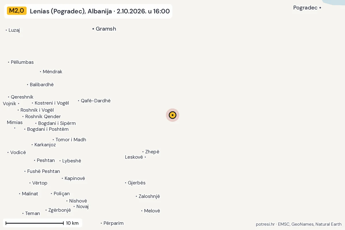 Karta: okolica epicentra, 60 km, potres M2,0, Lenias (Pogradec), Albanija, 2.10.2026.
