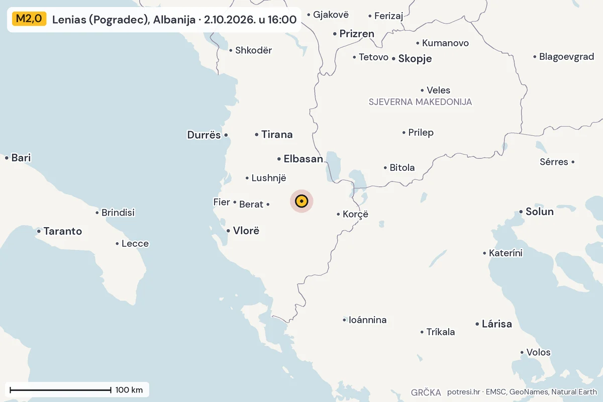 Karta: šire područje, 600 km, potres M2,0, Lenias (Pogradec), Albanija, 2.10.2026.