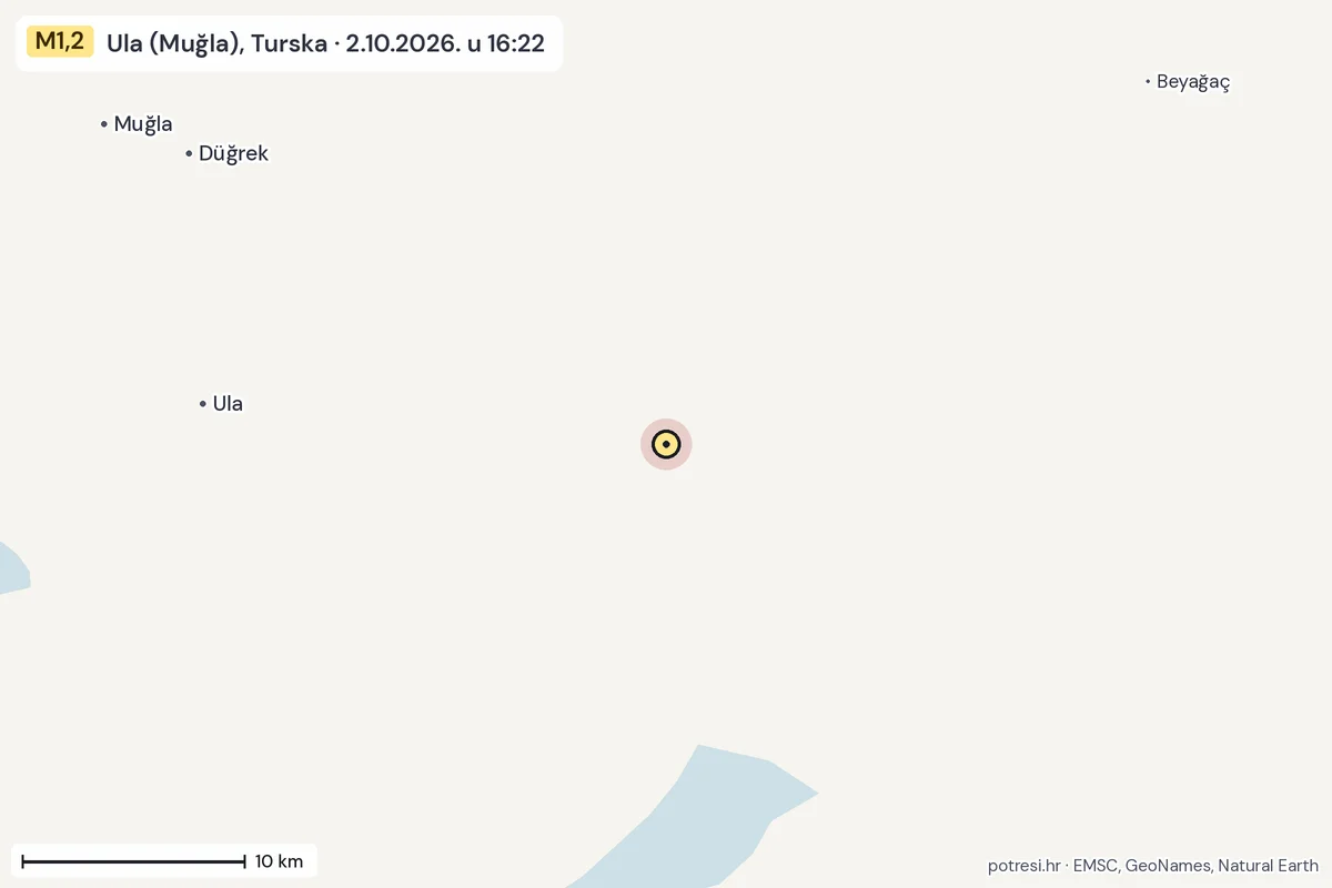 Karta: okolica epicentra, 60 km, potres M1,2, Ula (Muğla), Turska, 2.10.2026.