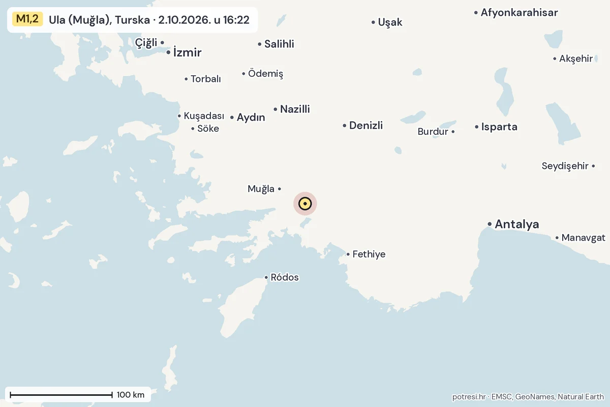 Karta: šire područje, 600 km, potres M1,2, Ula (Muğla), Turska, 2.10.2026.