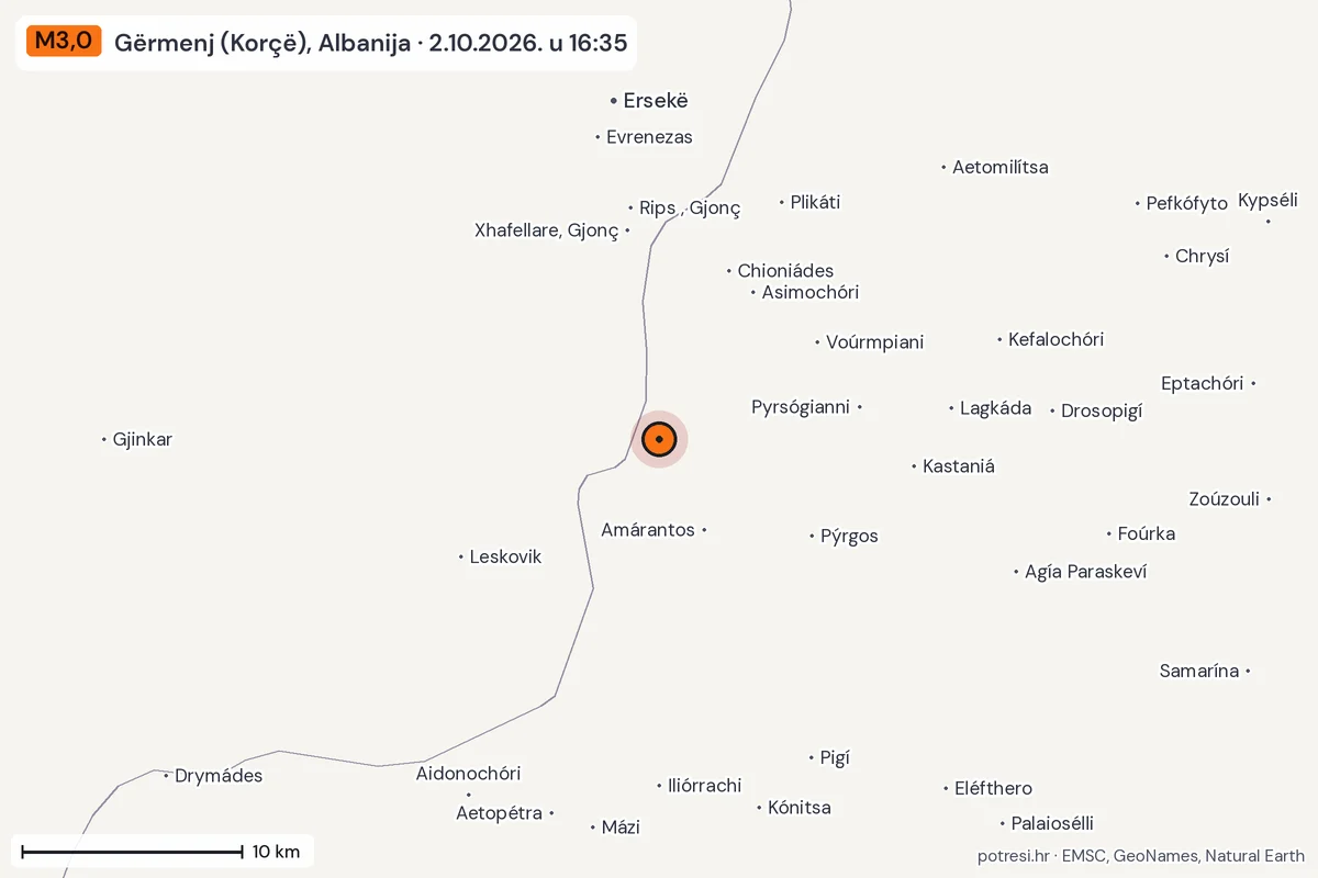 Karta: okolica epicentra, 60 km, potres M3,0, Gërmenj (Korçë), Albanija, 2.10.2026.