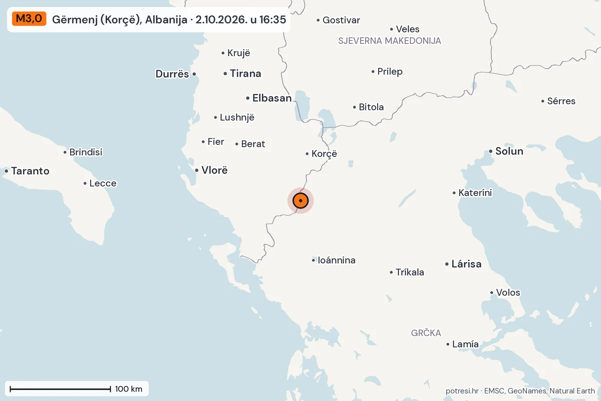Karta: šire područje, 600 km, potres M3,0, Gërmenj (Korçë), Albanija, 2.10.2026.