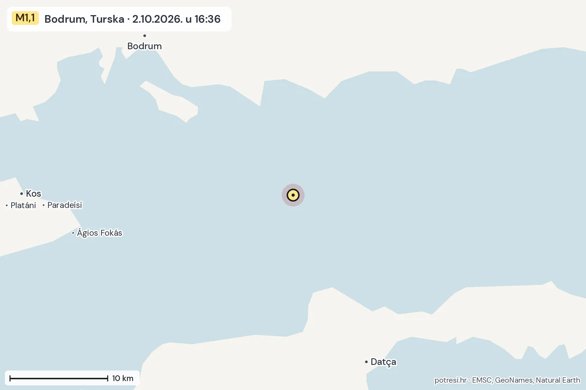 Karta: okolica epicentra, 60 km, potres M1,1, Bodrum, Turska, 2.10.2026.