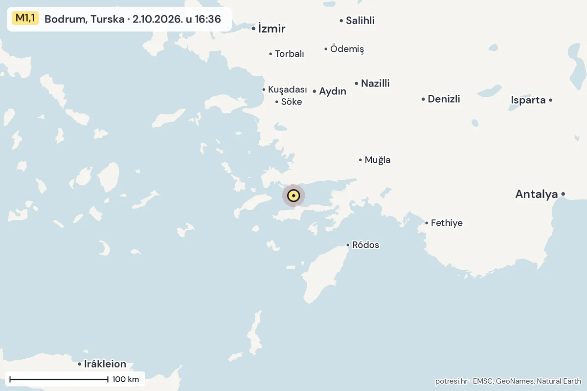 Karta: šire područje, 600 km, potres M1,1, Bodrum, Turska, 2.10.2026.