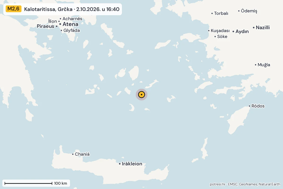 Karta: šire područje, 600 km, potres M2,6, Kalotaritissa, Grčka, 2.10.2026.