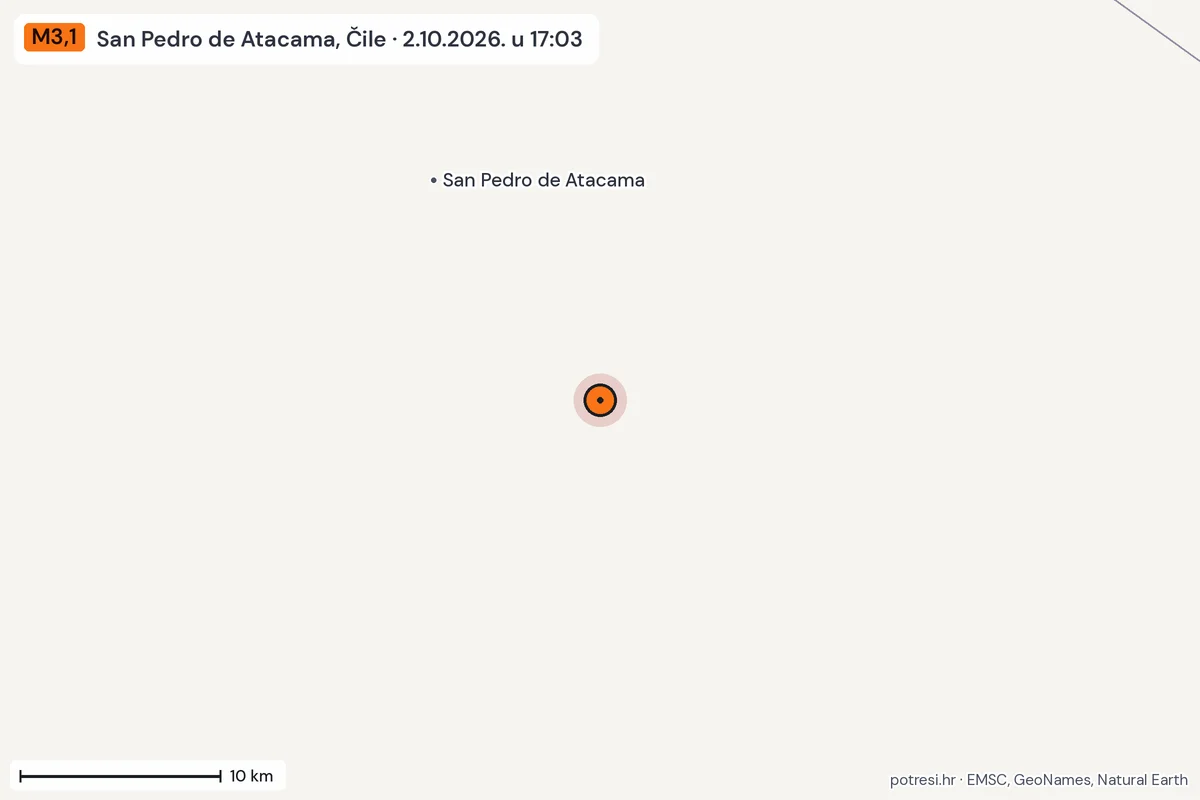 Karta: okolica epicentra, 60 km, potres M3,1, San Pedro de Atacama, Čile, 2.10.2026.