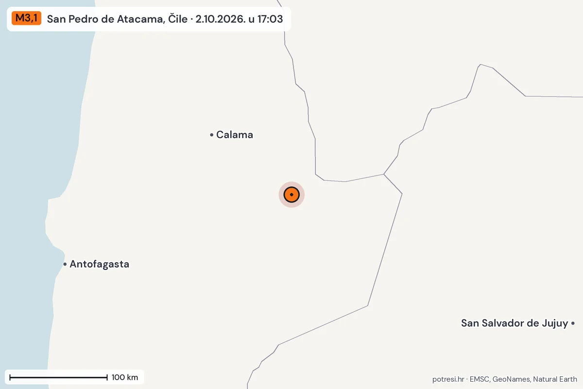 Karta: šire područje, 600 km, potres M3,1, San Pedro de Atacama, Čile, 2.10.2026.