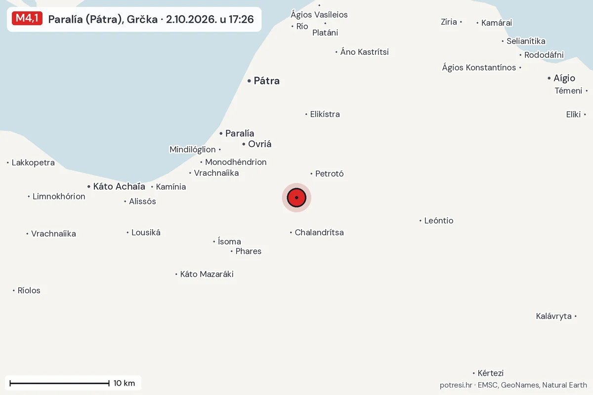 Karta: okolica epicentra, 60 km, potres M4,1, Paralía (Pátra), Grčka, 2.10.2026.