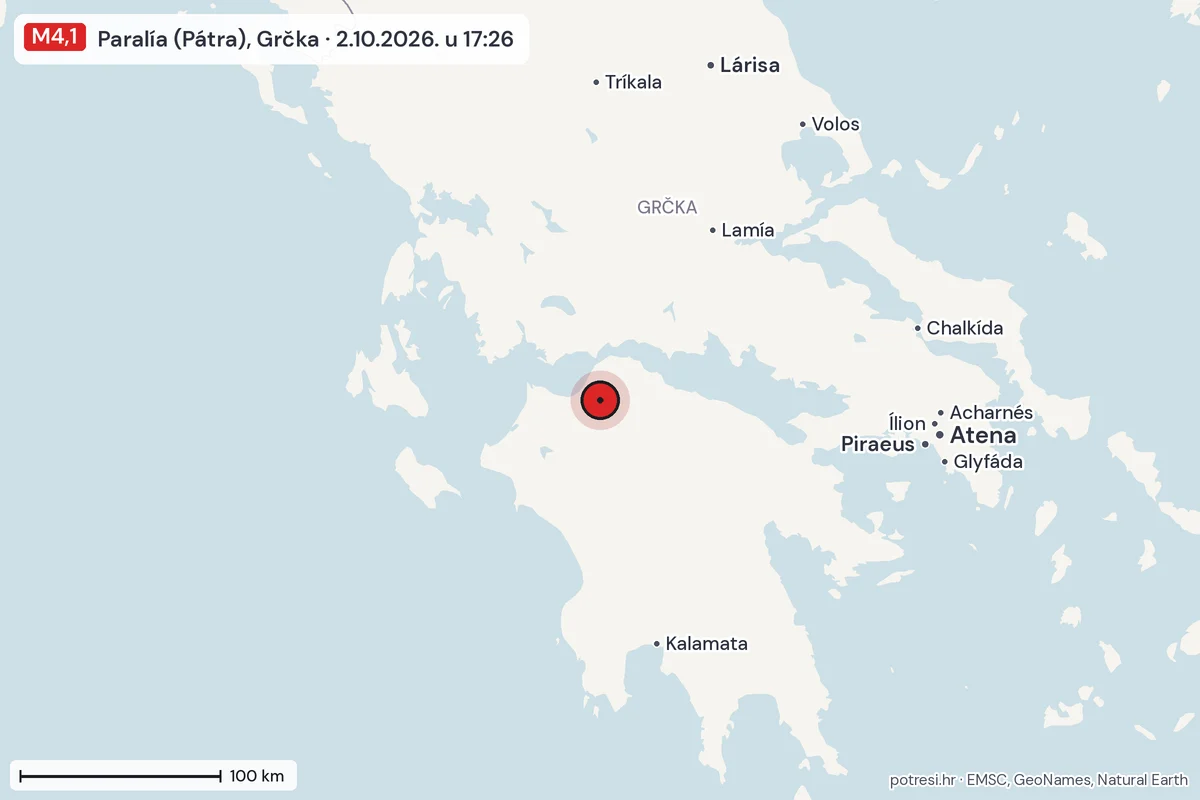 Karta: šire područje, 600 km, potres M4,1, Paralía (Pátra), Grčka, 2.10.2026.