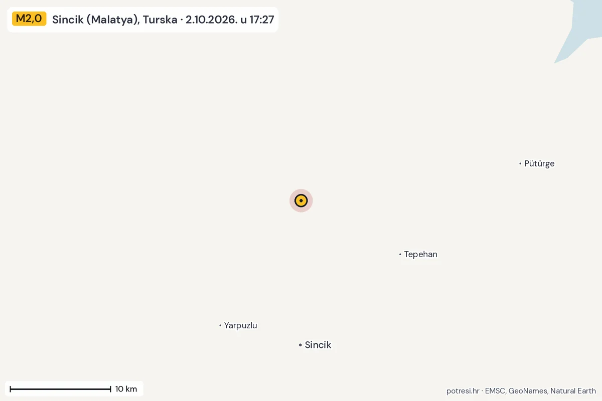 Karta: okolica epicentra, 60 km, potres M2,0, Sincik (Malatya), Turska, 2.10.2026.