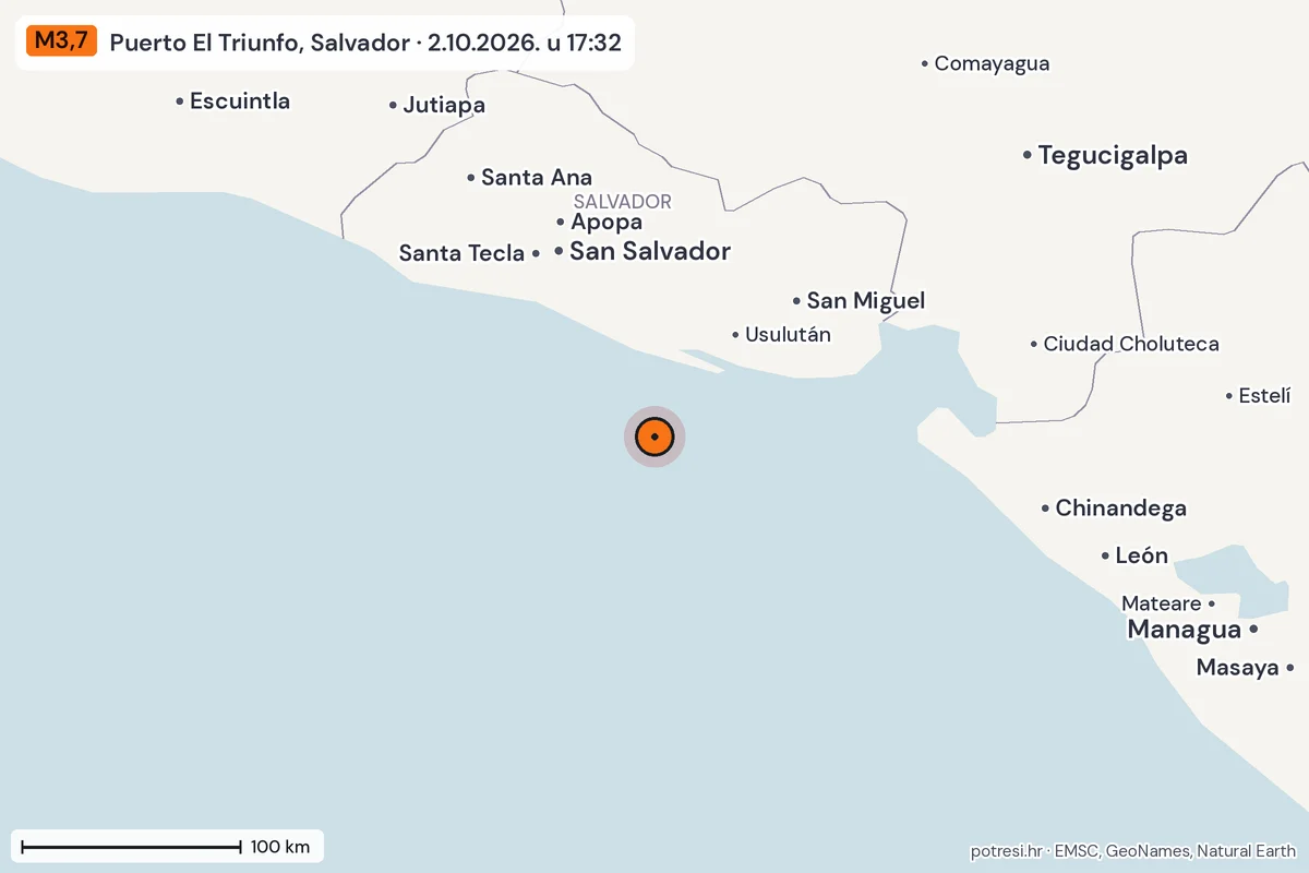 Karta: šire područje, 600 km, potres M3,7, Puerto El Triunfo, Salvador, 2.10.2026.