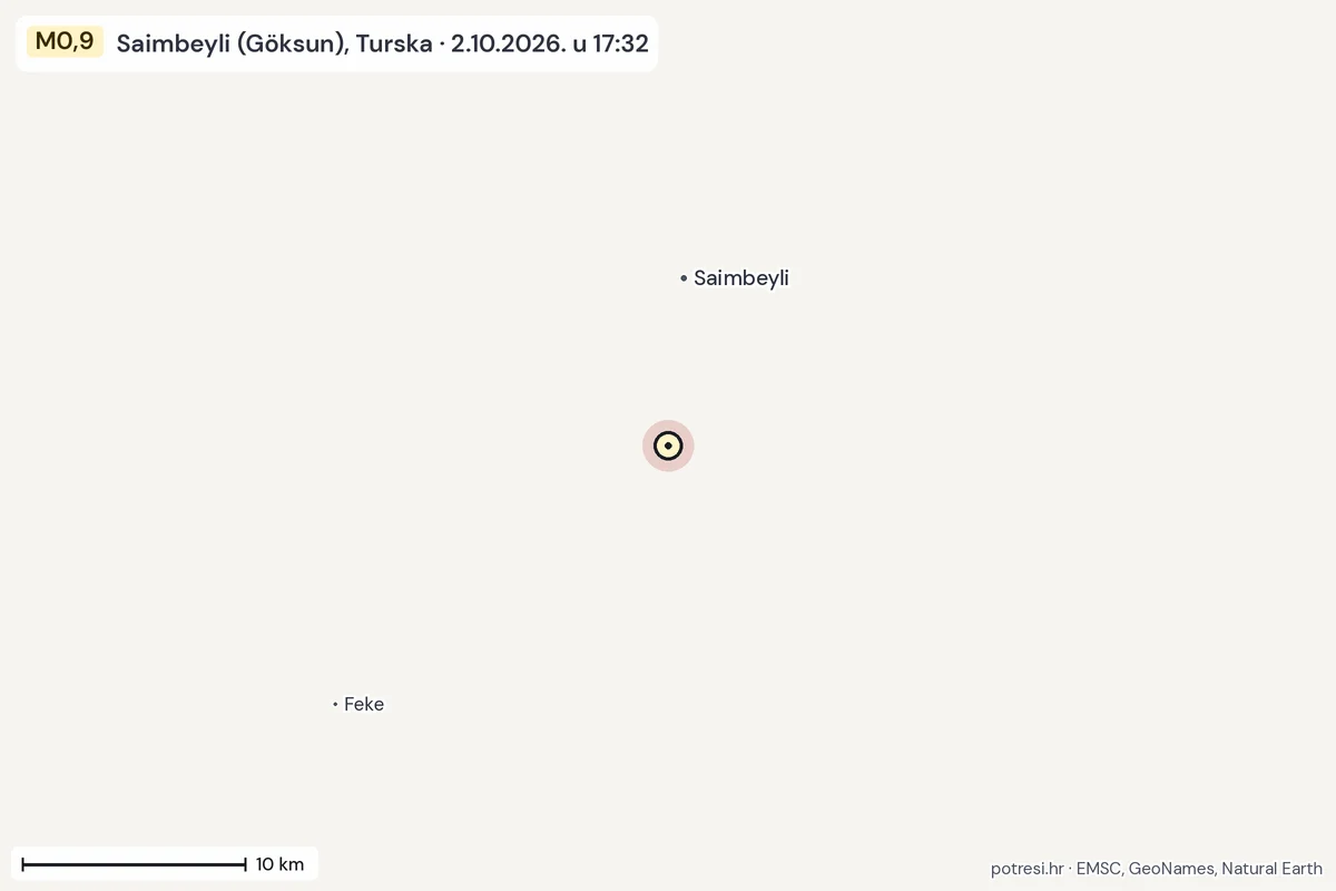 Karta: okolica epicentra, 60 km, potres M0,9, Saimbeyli (Göksun), Turska, 2.10.2026.