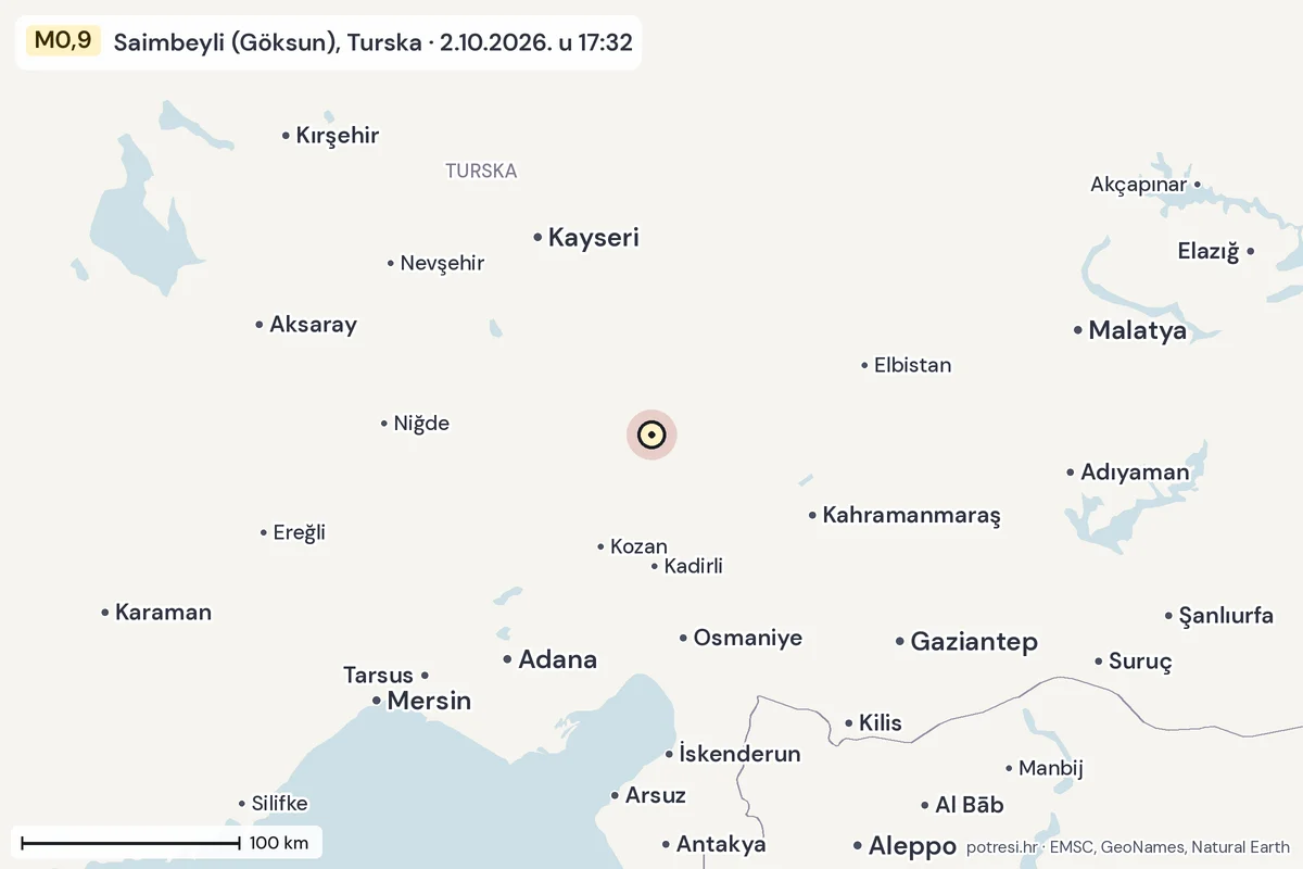 Karta: šire područje, 600 km, potres M0,9, Saimbeyli (Göksun), Turska, 2.10.2026.