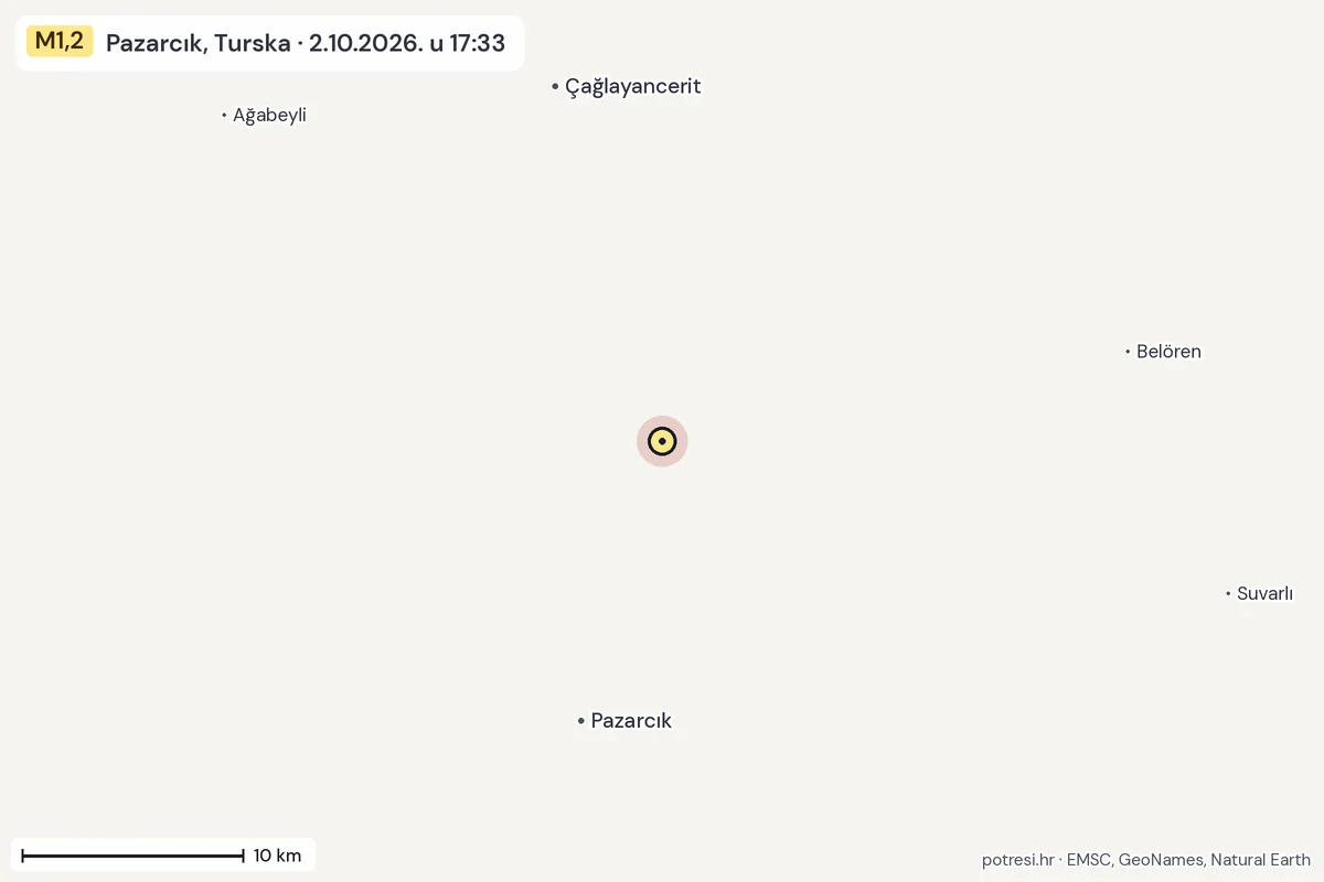 Karta: okolica epicentra, 60 km, potres M1,2, Pazarcık, Turska, 2.10.2026.