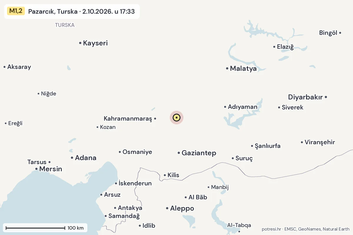 Karta: šire područje, 600 km, potres M1,2, Pazarcık, Turska, 2.10.2026.
