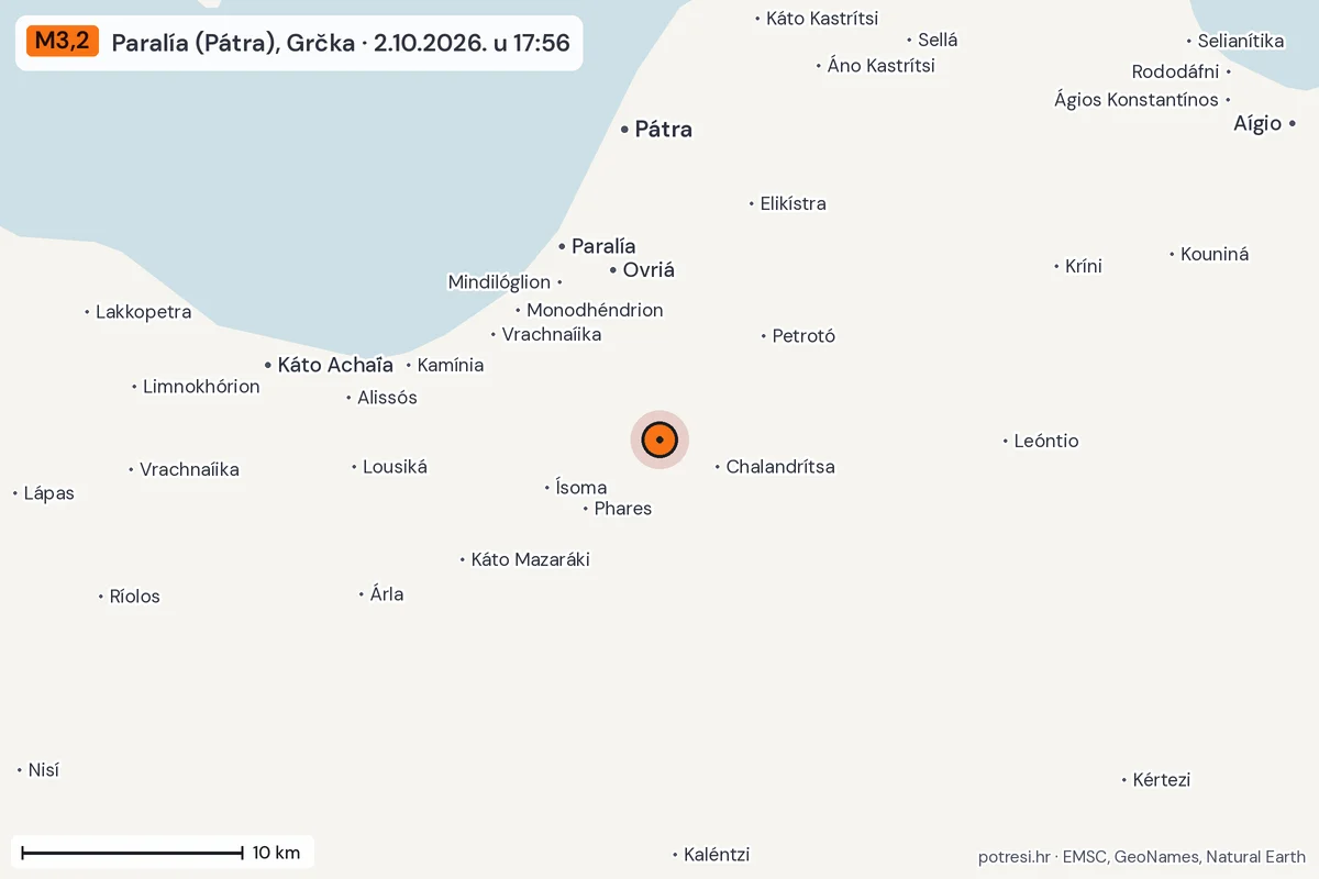 Karta: okolica epicentra, 60 km, potres M3,2, Paralía (Pátra), Grčka, 2.10.2026.