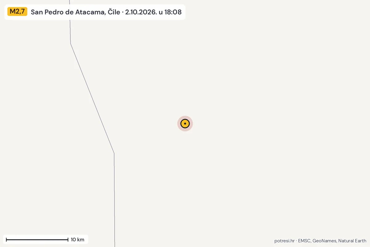 Karta: okolica epicentra, 60 km, potres M2,7, San Pedro de Atacama, Čile, 2.10.2026.