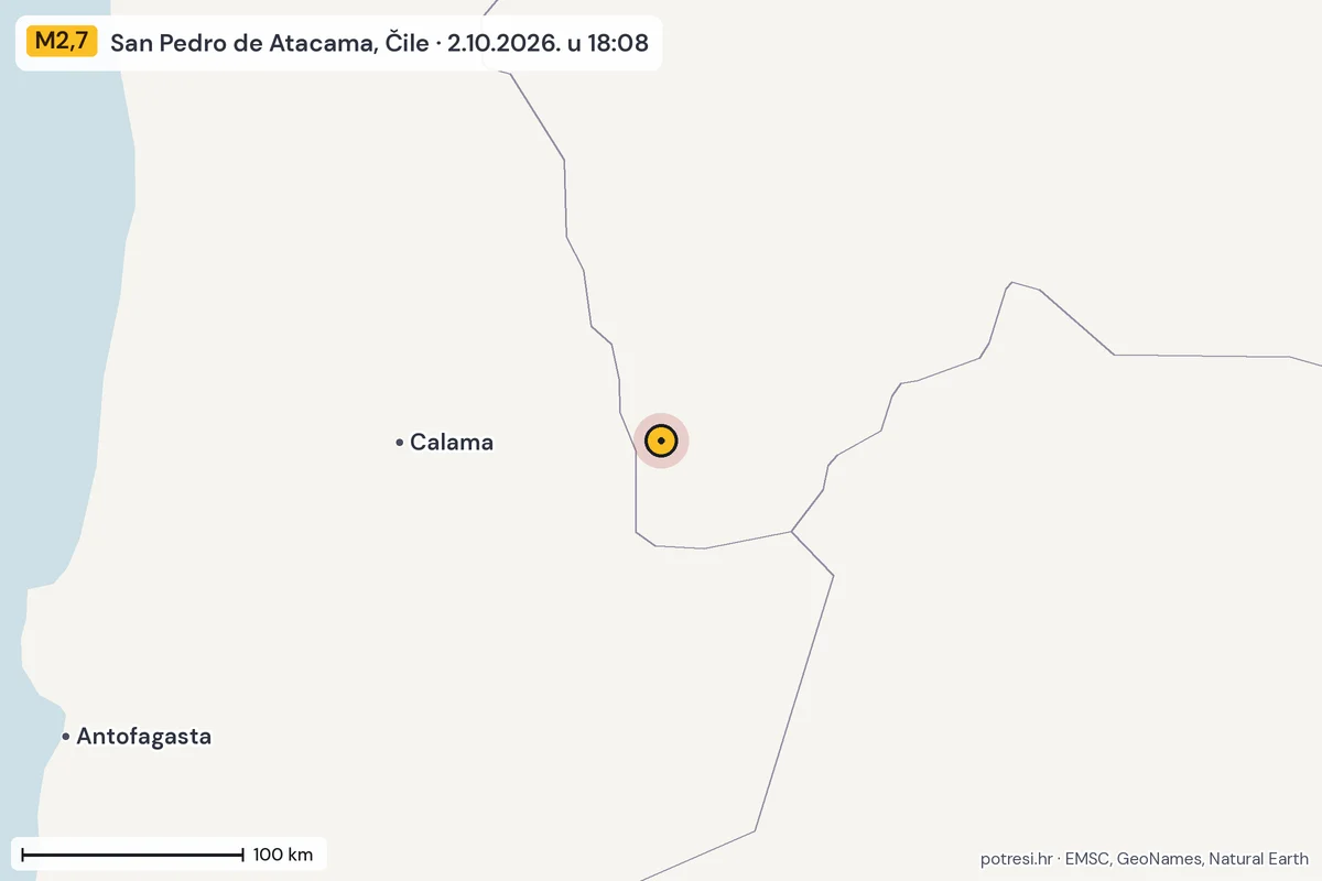 Karta: šire područje, 600 km, potres M2,7, San Pedro de Atacama, Čile, 2.10.2026.