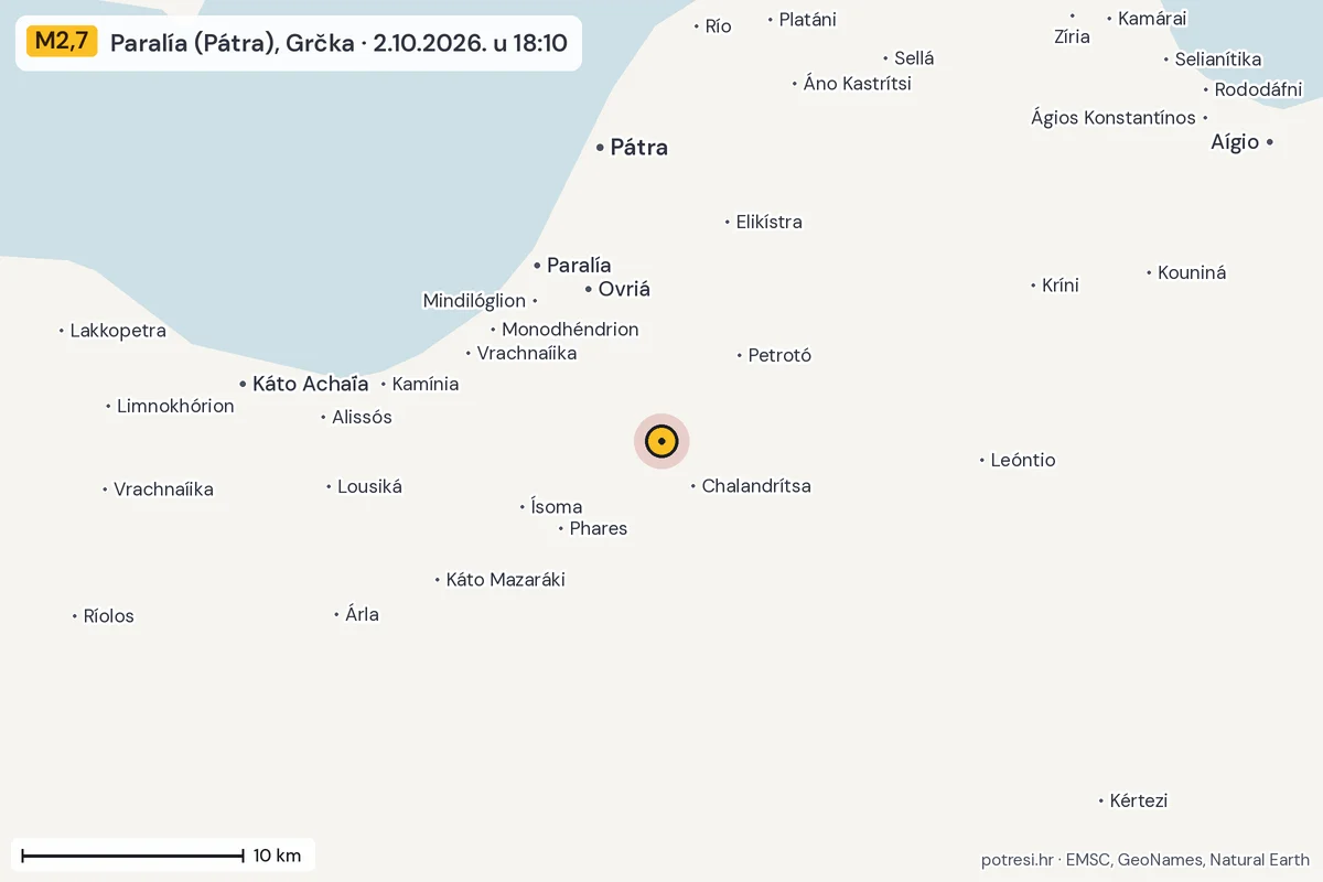 Karta: okolica epicentra, 60 km, potres M2,7, Paralía (Pátra), Grčka, 2.10.2026.