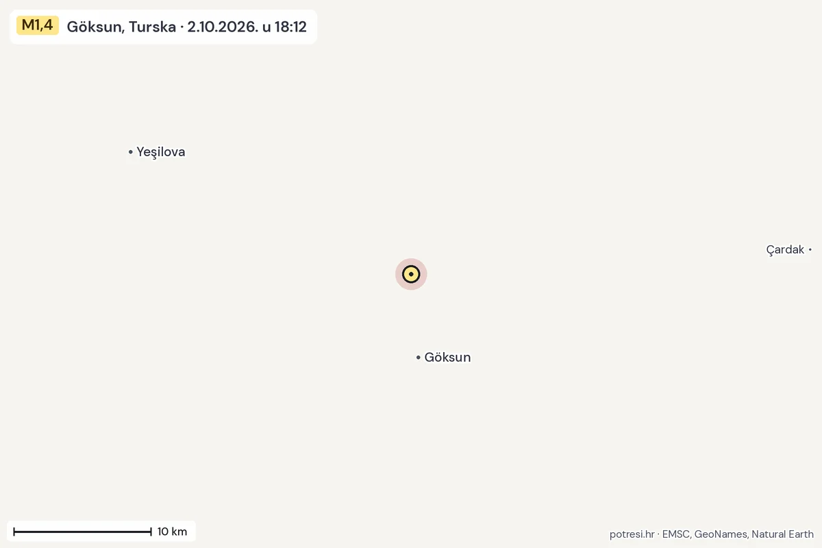 Karta: okolica epicentra, 60 km, potres M1,4, Göksun, Turska, 2.10.2026.