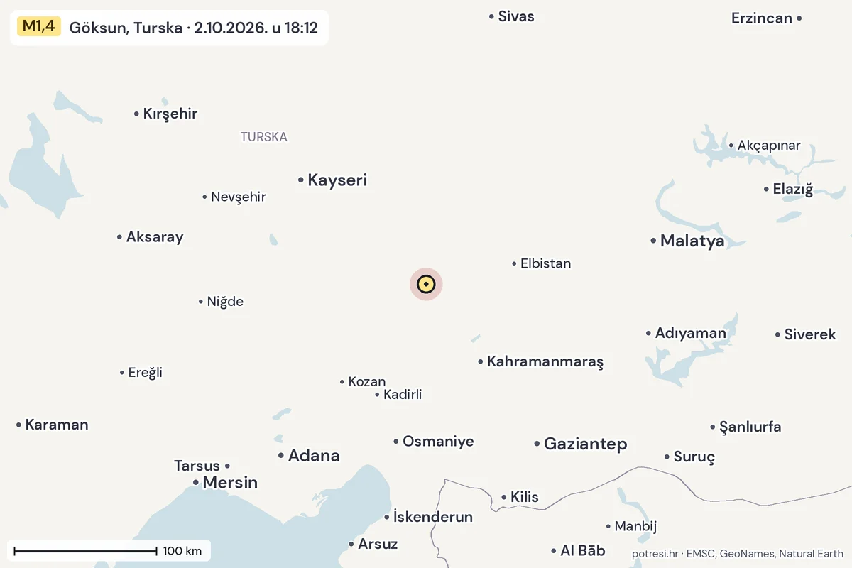 Karta: šire područje, 600 km, potres M1,4, Göksun, Turska, 2.10.2026.