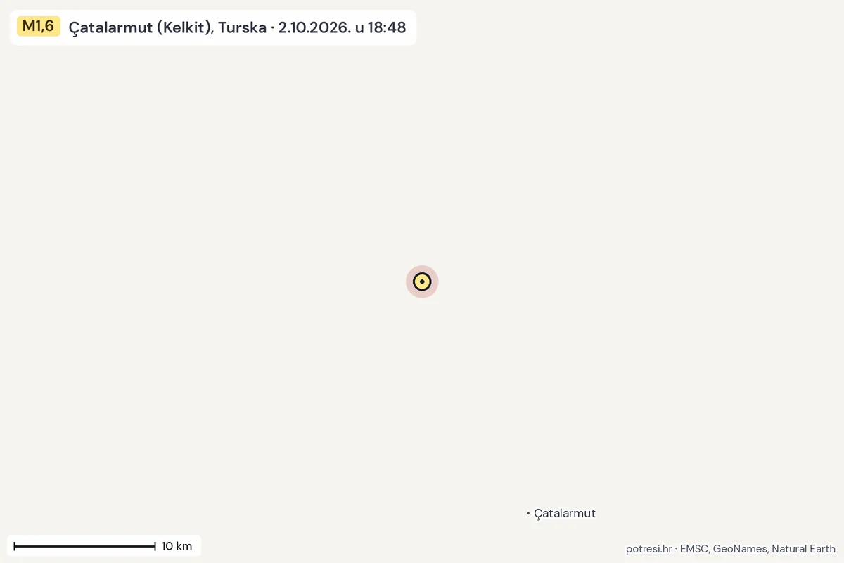Karta: okolica epicentra, 60 km, potres M1,6, Çatalarmut (Kelkit), Turska, 2.10.2026.