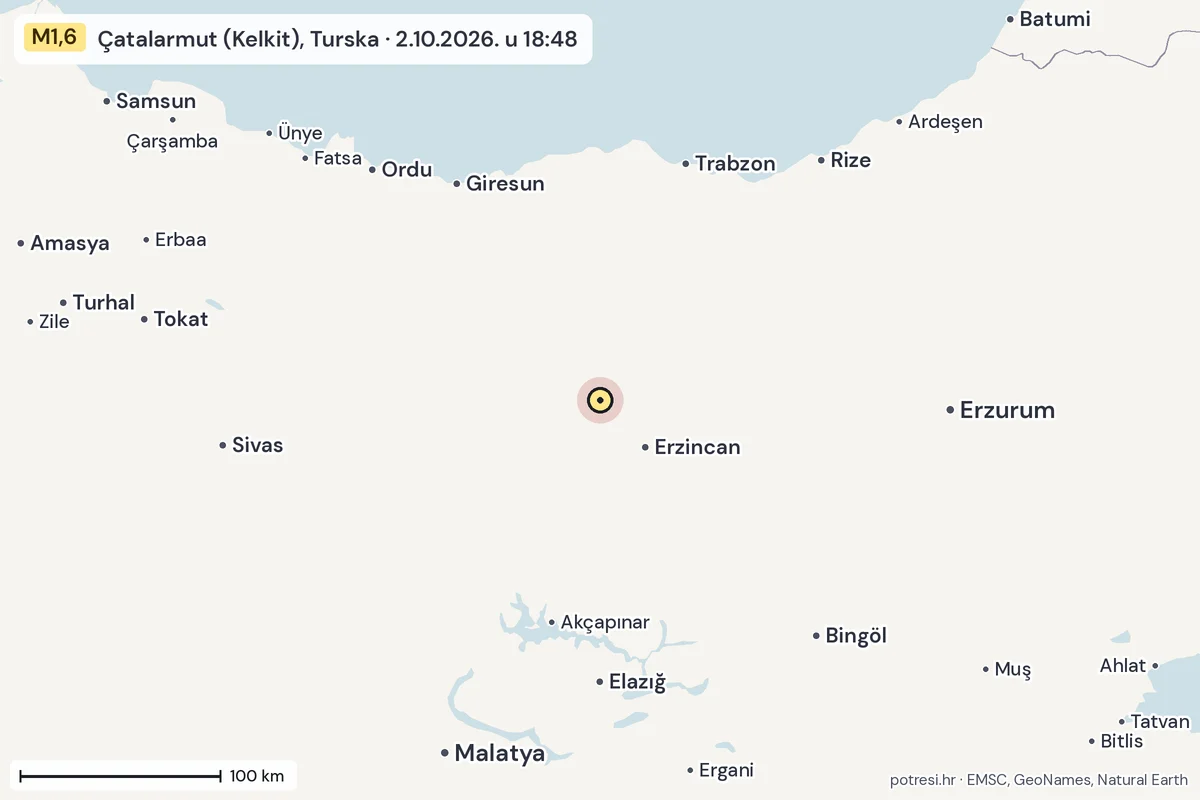 Karta: šire područje, 600 km, potres M1,6, Çatalarmut (Kelkit), Turska, 2.10.2026.