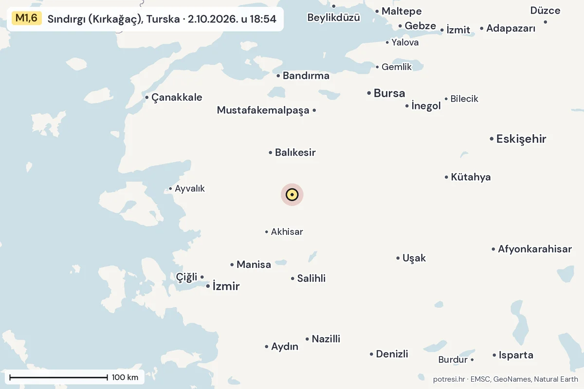 Karta: šire područje, 600 km, potres M1,6, Sındırgı (Kırkağaç), Turska, 2.10.2026.