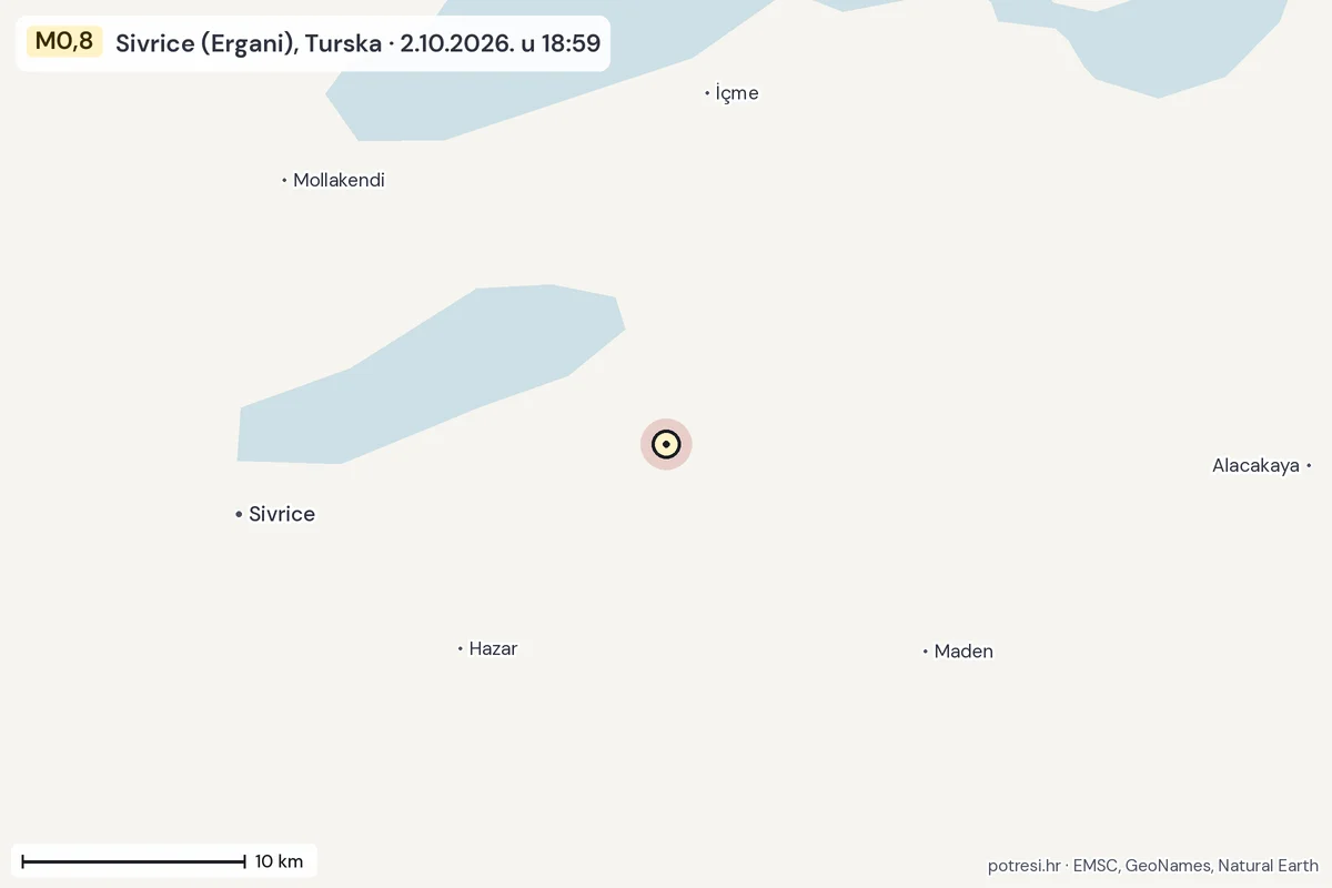 Karta: okolica epicentra, 60 km, potres M0,8, Sivrice (Ergani), Turska, 2.10.2026.