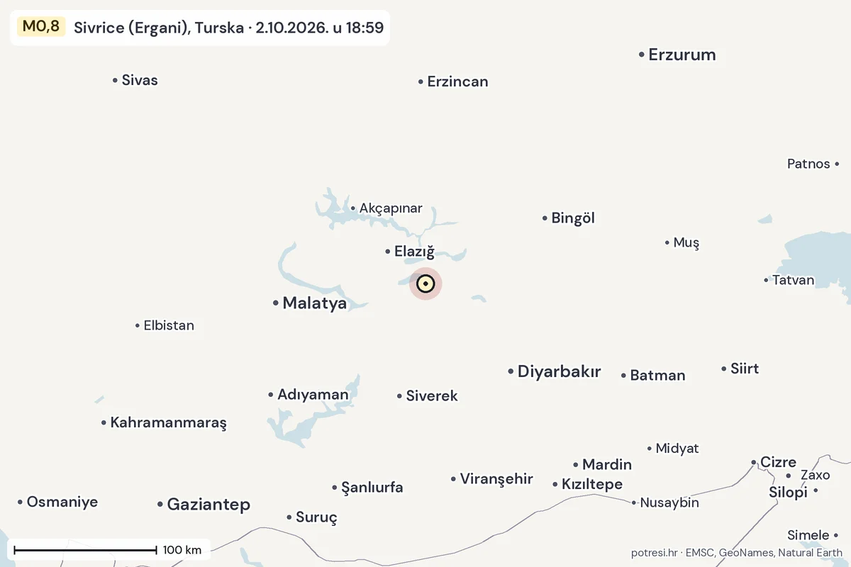 Karta: šire područje, 600 km, potres M0,8, Sivrice (Ergani), Turska, 2.10.2026.