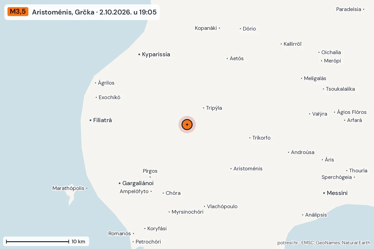 Karta: okolica epicentra, 60 km, potres M3,5, Aristoménis, Grčka, 2.10.2026.