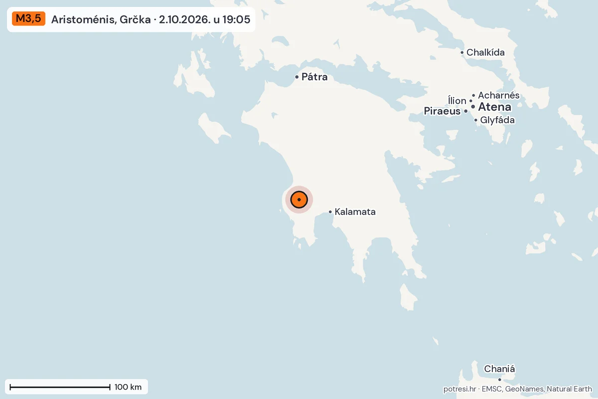 Karta: šire područje, 600 km, potres M3,5, Aristoménis, Grčka, 2.10.2026.