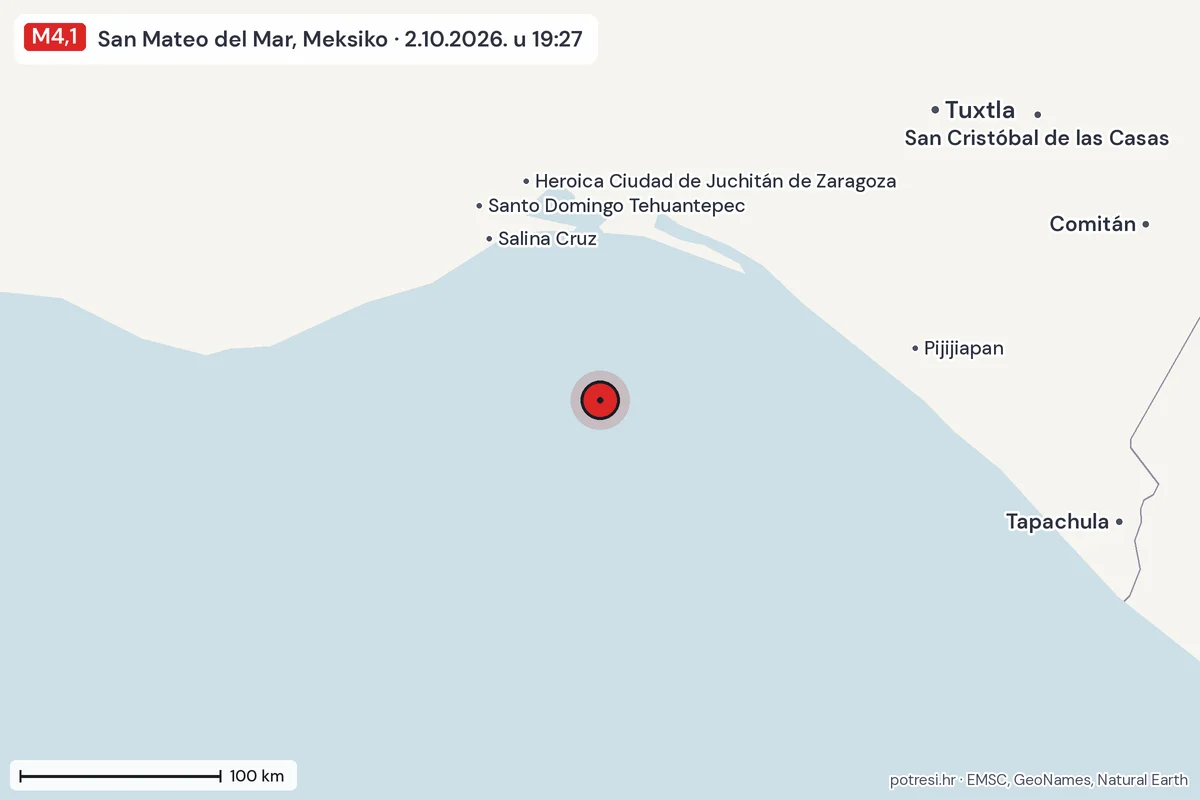 Karta: šire područje, 600 km, potres M4,1, San Mateo del Mar, Meksiko, 2.10.2026.