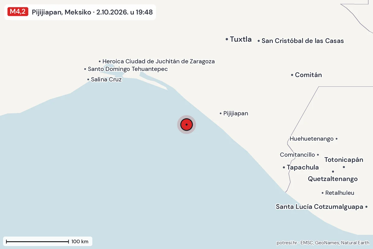 Karta: šire područje, 600 km, potres M4,2, Pijijiapan, Meksiko, 2.10.2026.