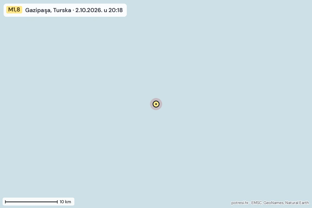 Karta: okolica epicentra, 60 km, potres M1,8, Gazipaşa, Turska, 2.10.2026.