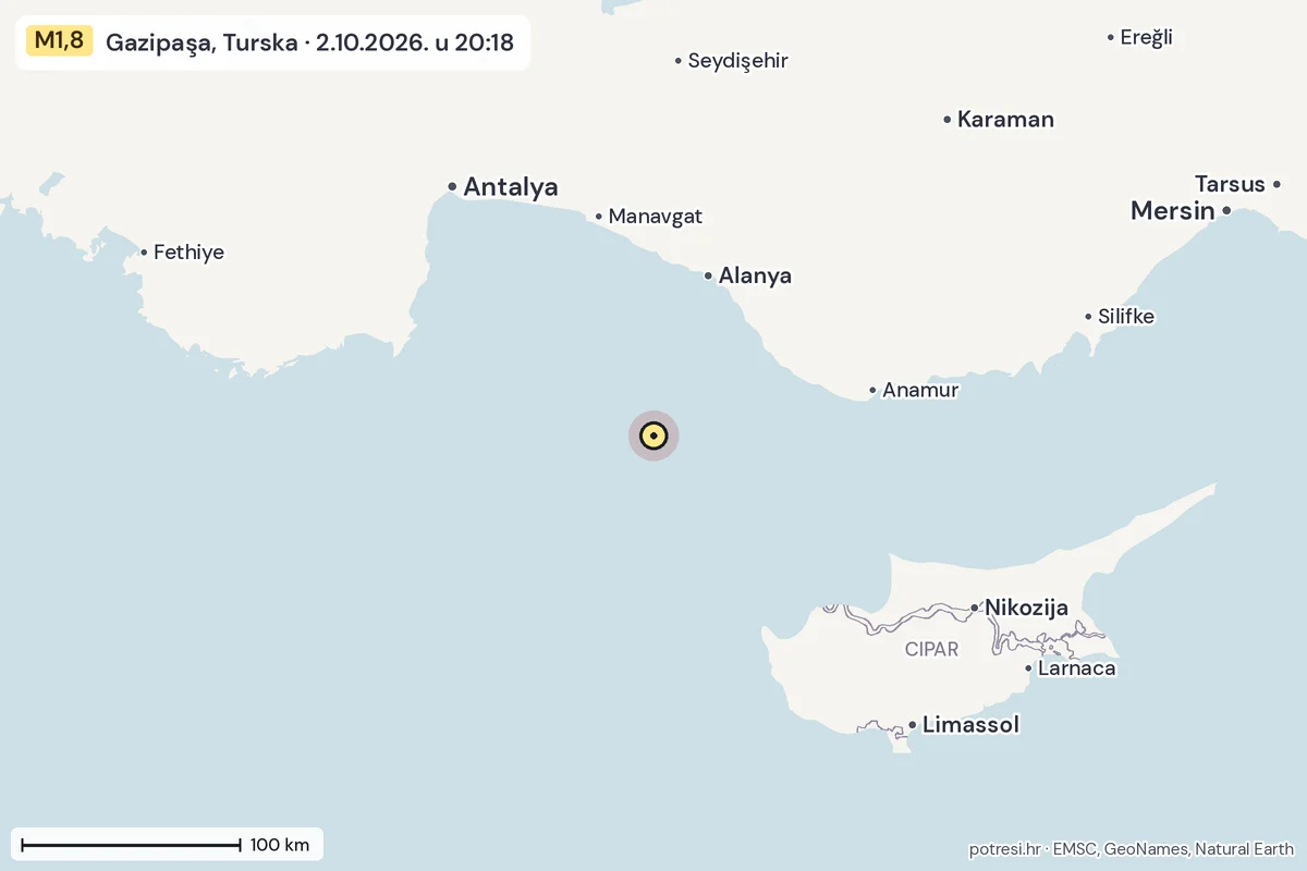 Karta: šire područje, 600 km, potres M1,8, Gazipaşa, Turska, 2.10.2026.