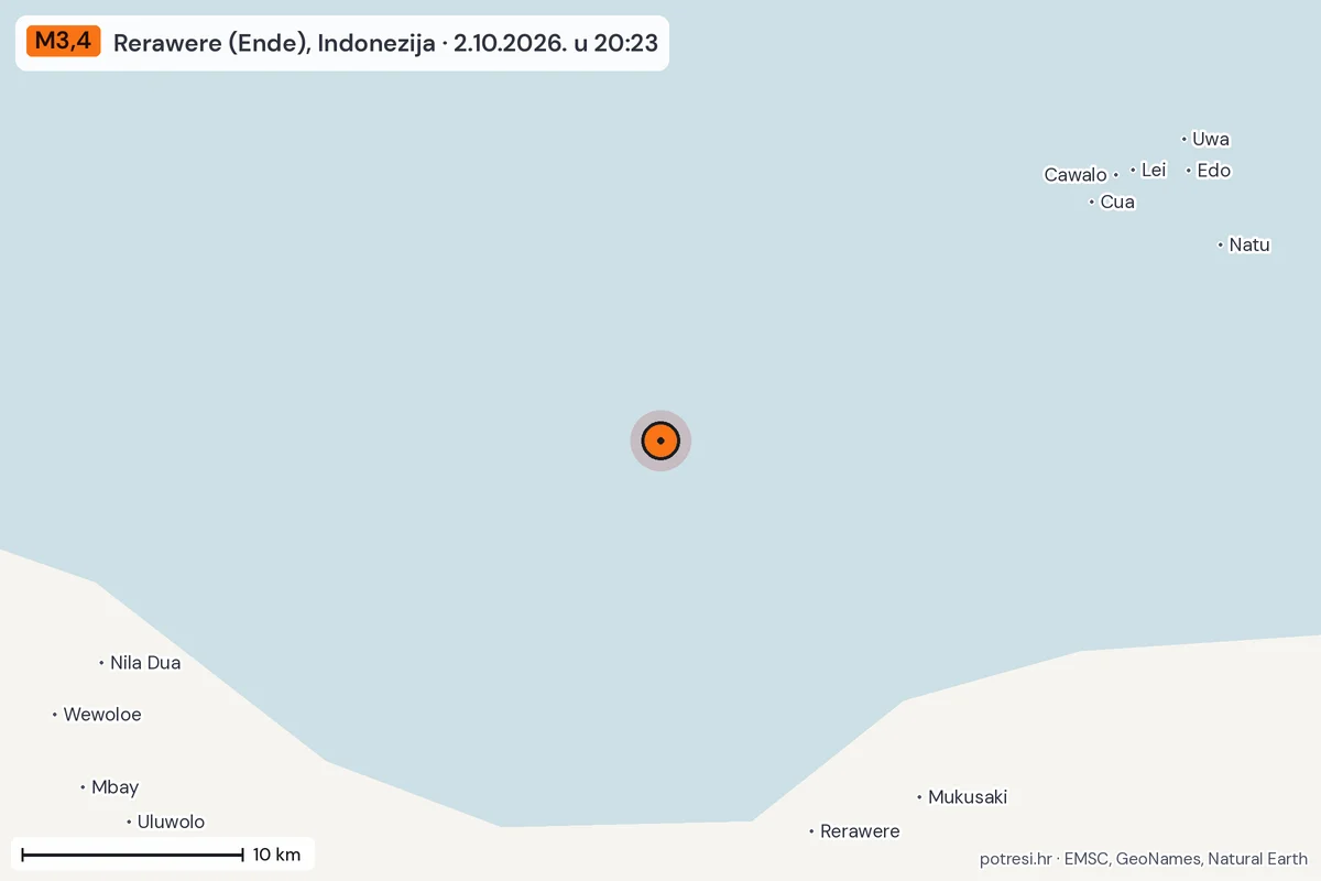 Karta: okolica epicentra, 60 km, potres M3,4, Rerawere (Ende), Indonezija, 2.10.2026.