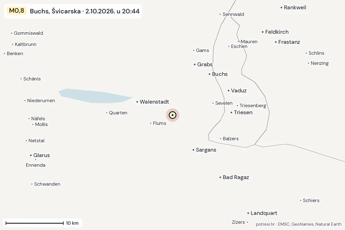 Karta: okolica epicentra, 60 km, potres M0,8, Buchs, Švicarska, 2.10.2026.