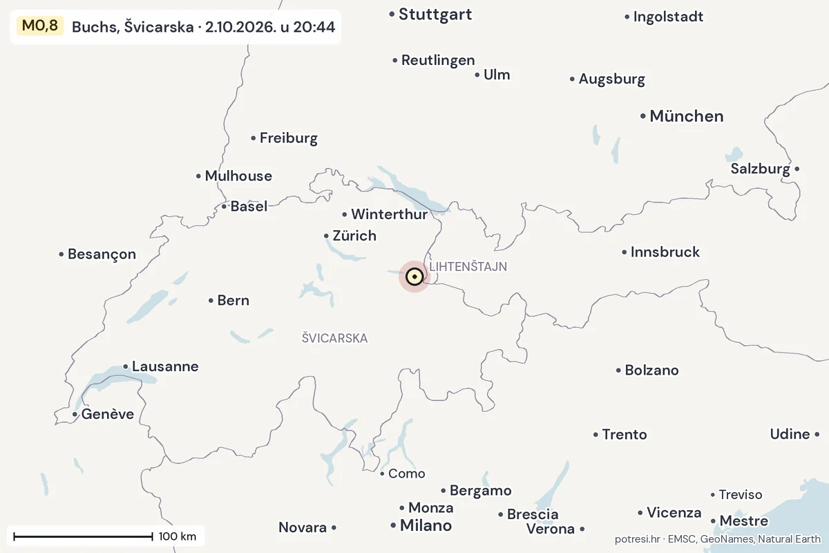 Karta: šire područje, 600 km, potres M0,8, Buchs, Švicarska, 2.10.2026.