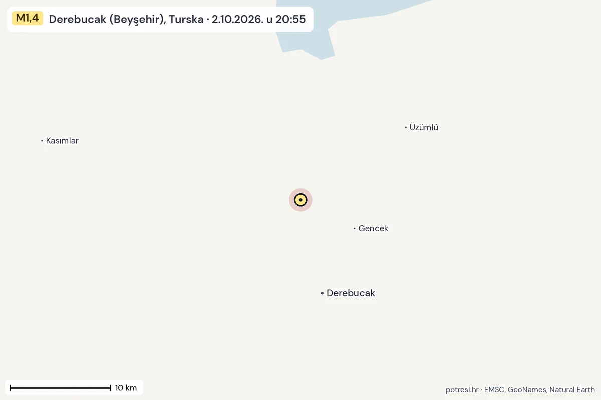 Karta: okolica epicentra, 60 km, potres M1,4, Derebucak (Beyşehir), Turska, 2.10.2026.