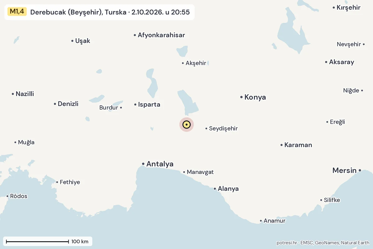 Karta: šire područje, 600 km, potres M1,4, Derebucak (Beyşehir), Turska, 2.10.2026.