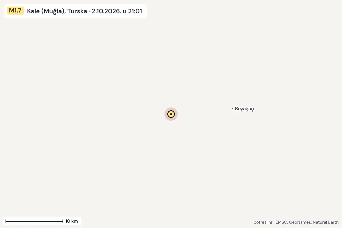 Karta: okolica epicentra, 60 km, potres M1,7, Kale (Muğla), Turska, 2.10.2026.