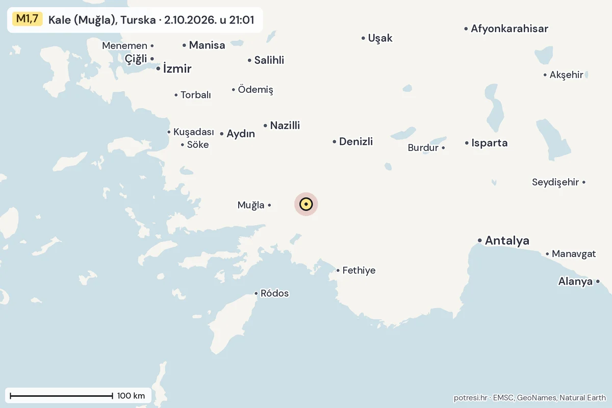 Karta: šire područje, 600 km, potres M1,7, Kale (Muğla), Turska, 2.10.2026.