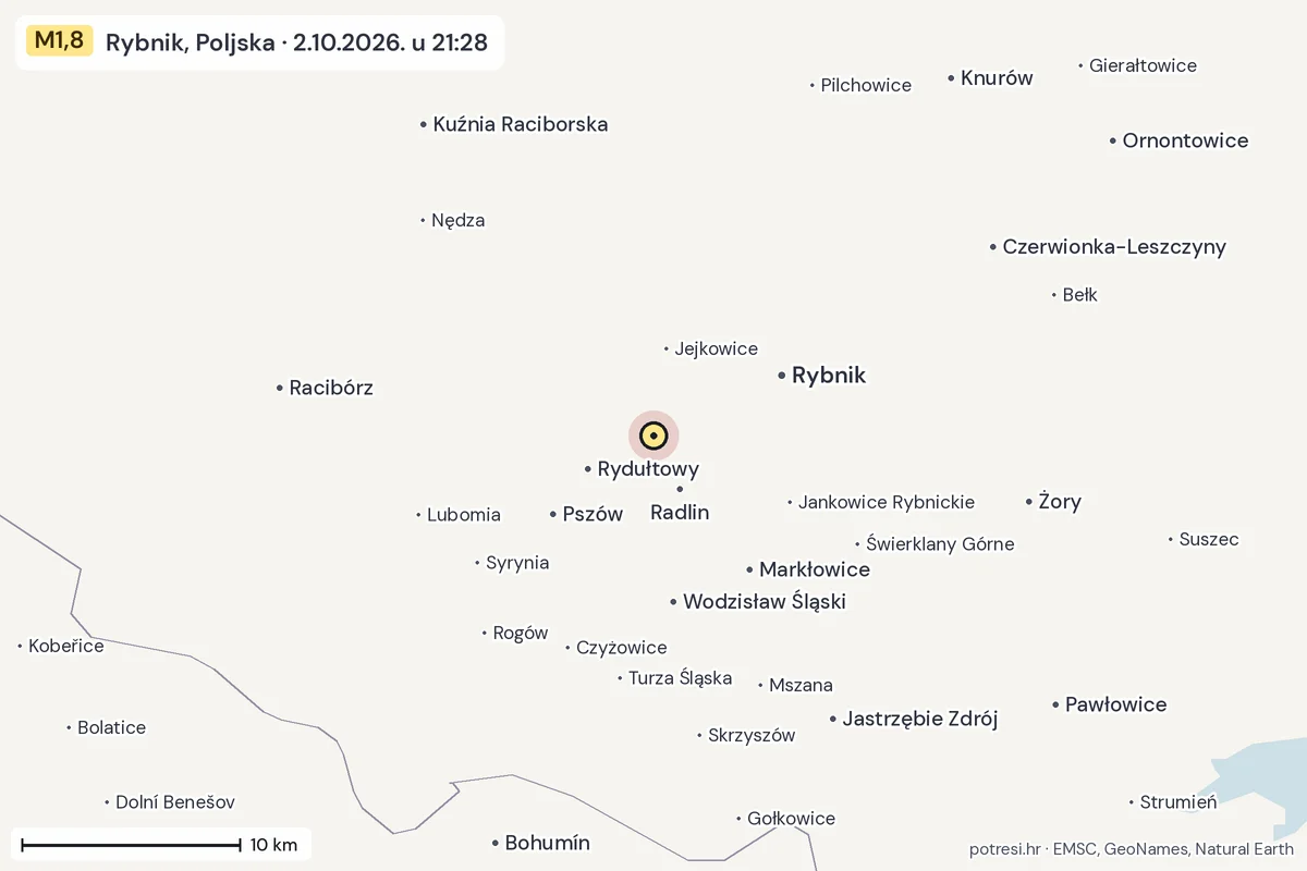 Karta: okolica epicentra, 60 km, potres M1,8, Rybnik, Poljska, 2.10.2026.