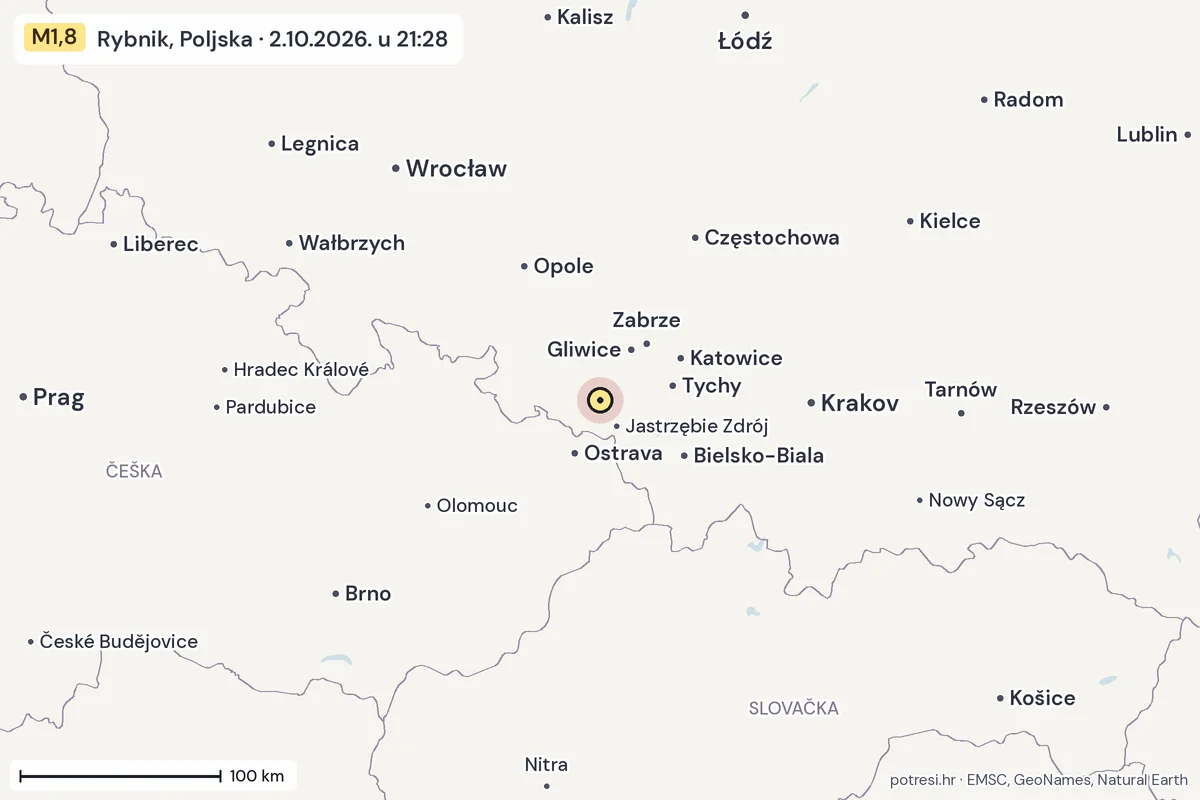Karta: šire područje, 600 km, potres M1,8, Rybnik, Poljska, 2.10.2026.