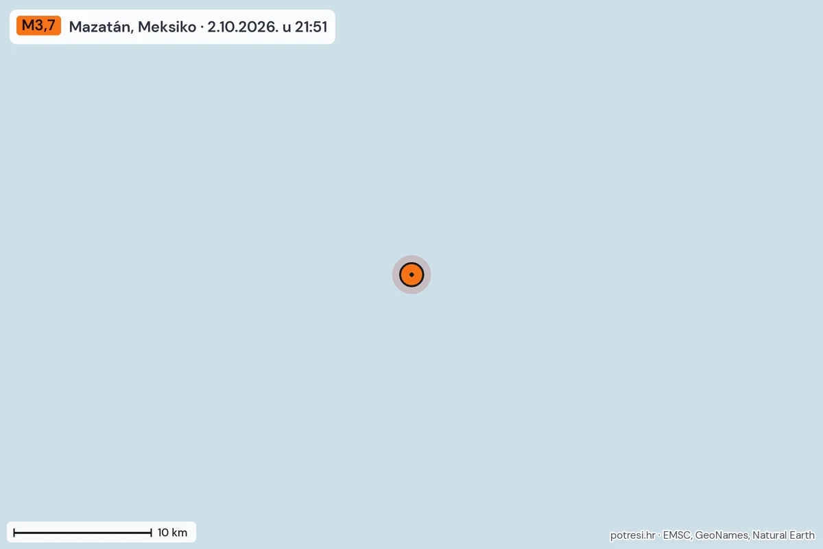 Karta: okolica epicentra, 60 km, potres M3,7, Mazatán, Meksiko, 2.10.2026.