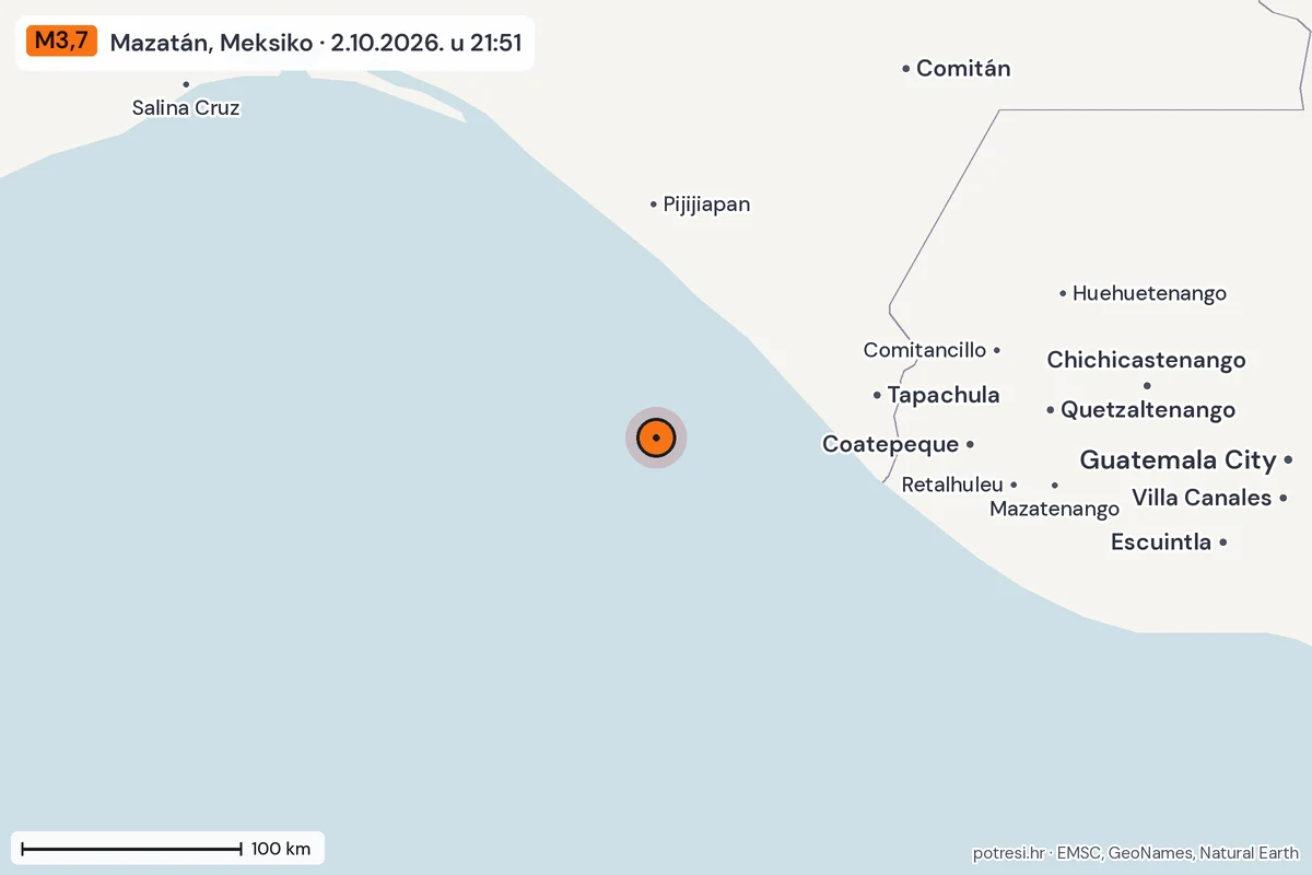 Karta: šire područje, 600 km, potres M3,7, Mazatán, Meksiko, 2.10.2026.
