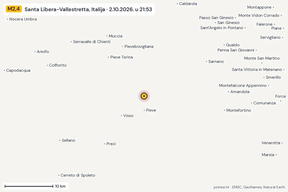 Karta: okolica epicentra, 60 km, potres M2,4, Santa Libera-Vallestretta, Italija, 2.10.2026.