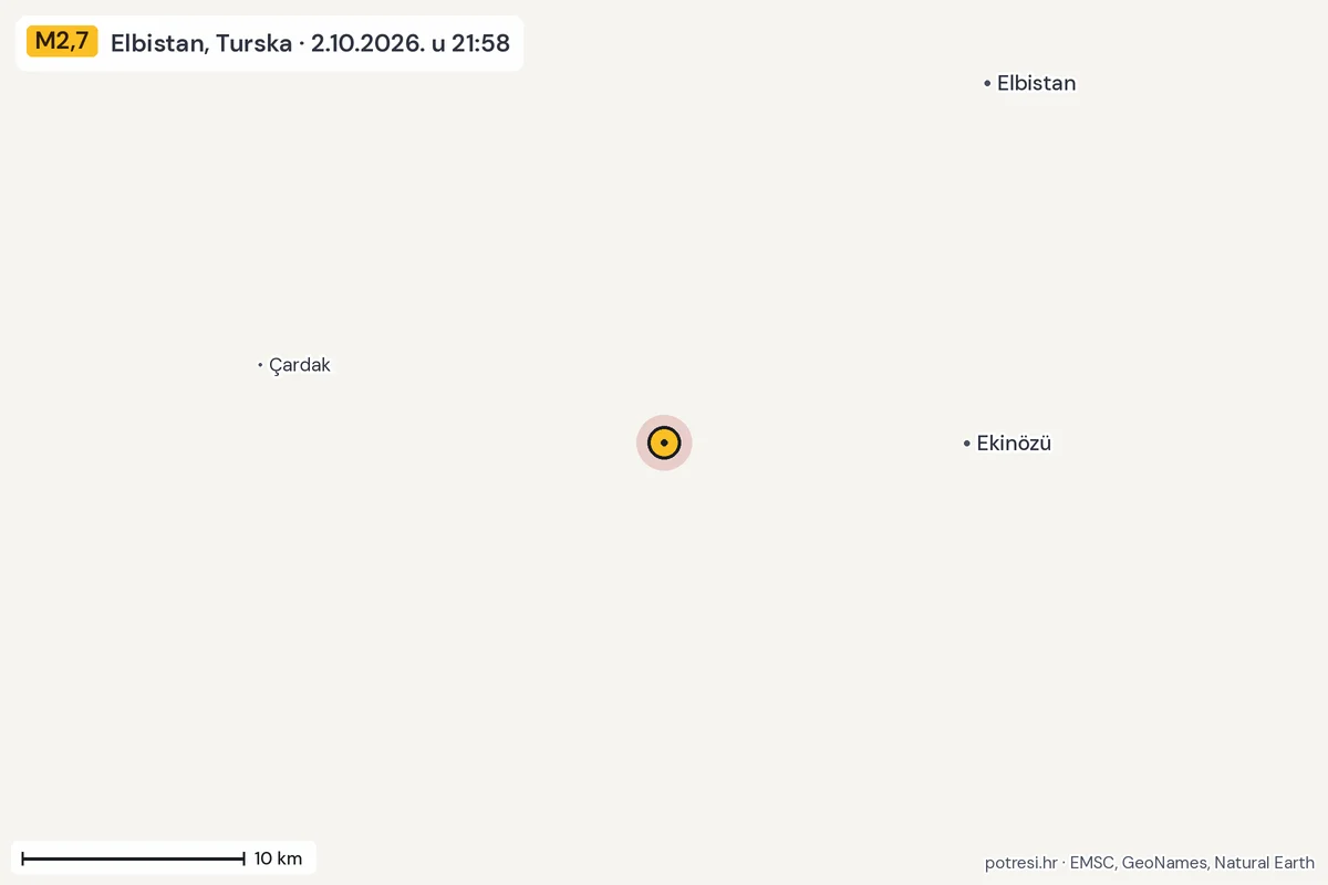Karta: okolica epicentra, 60 km, potres M2,7, Elbistan, Turska, 2.10.2026.