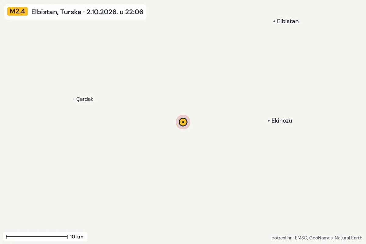 Karta: okolica epicentra, 60 km, potres M2,4, Elbistan, Turska, 2.10.2026.